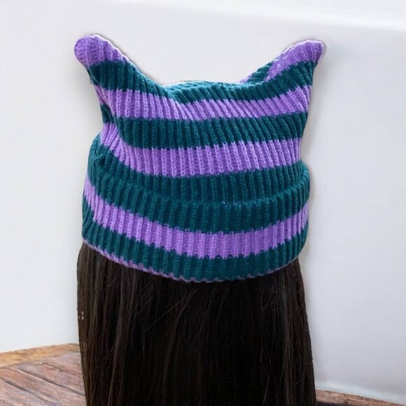 Striped Purple Green Crochet Knit Cat Ear Beanies - NEW - Picture 1 of 4